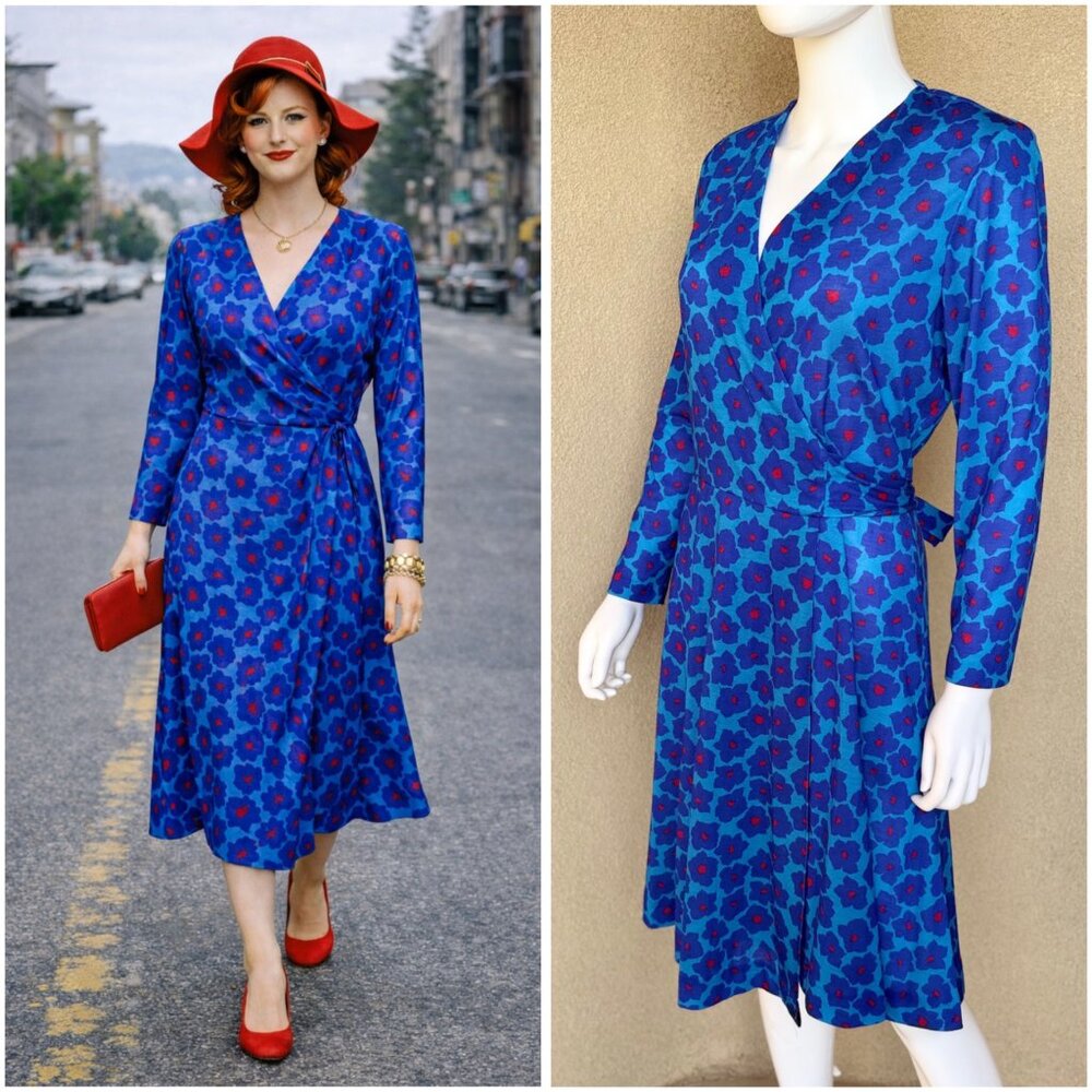 Vintage Americana Electric Blue Floral Wrap Dress 12P
